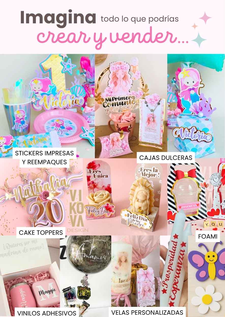 Imagina todo lo que podrías crear y vender con tu Cameo: toppers, etiquetas, stickers, cajas y detalles personalizados