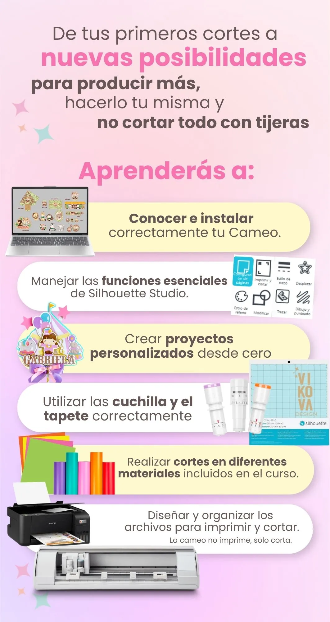 De tus primeros cortes a nuevas posibilidades. Aprenderás a: conocer e instalar tu Cameo, manejar Silhouette Studio, crear proyectos personalizados, usar la cuchilla y el tapete, cortar diferentes materiales e imprimir y cortar